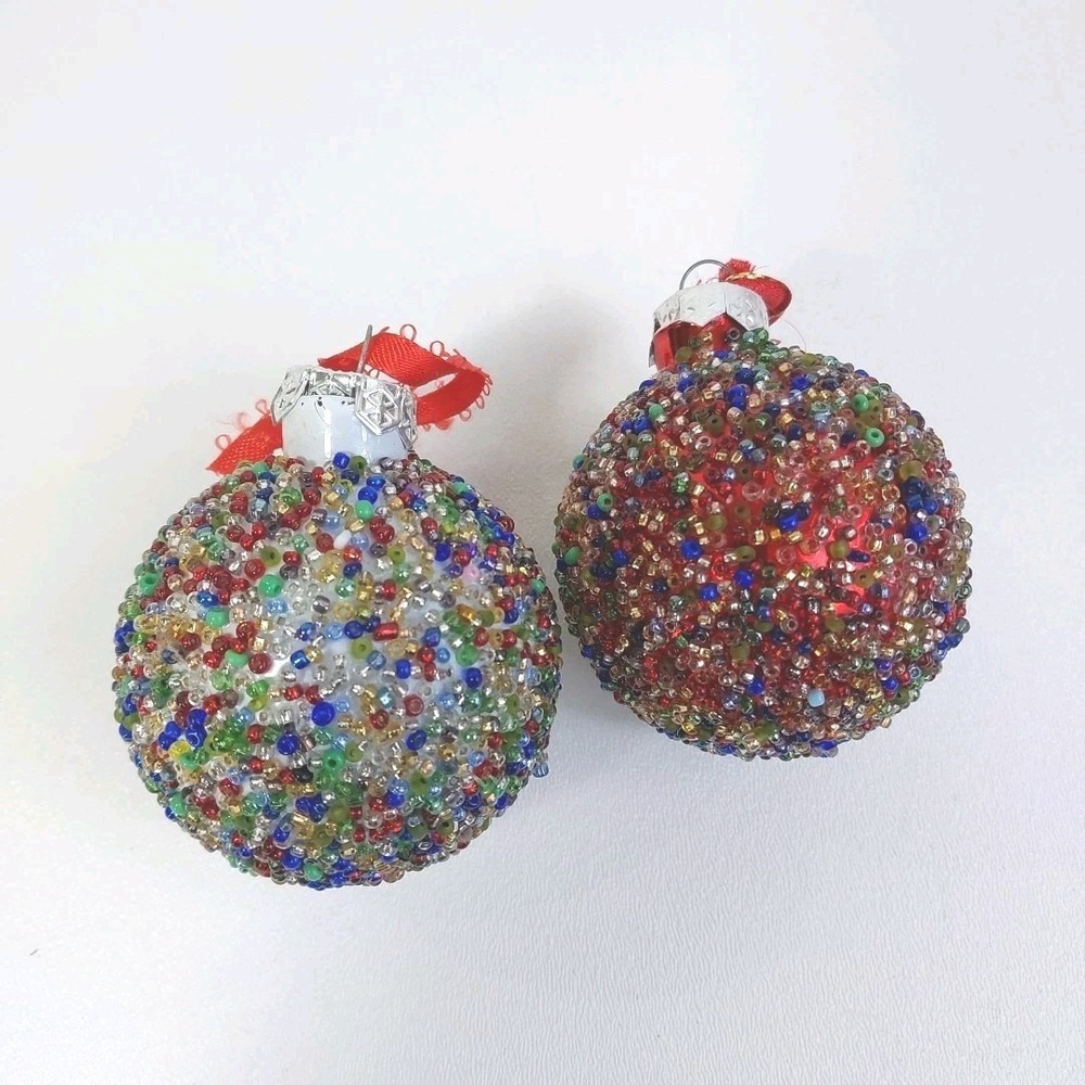 2 Textured Silver And Red Glitter Ball Christmas Ornaments 2" Tall